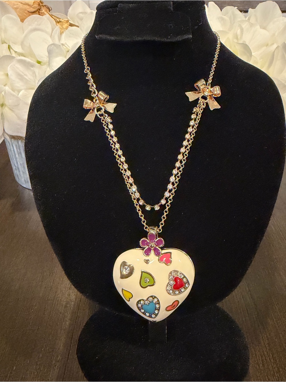 Betsey Johnson Vintage White Enamel Heart Necklace with Gold Bows & Rhinestones